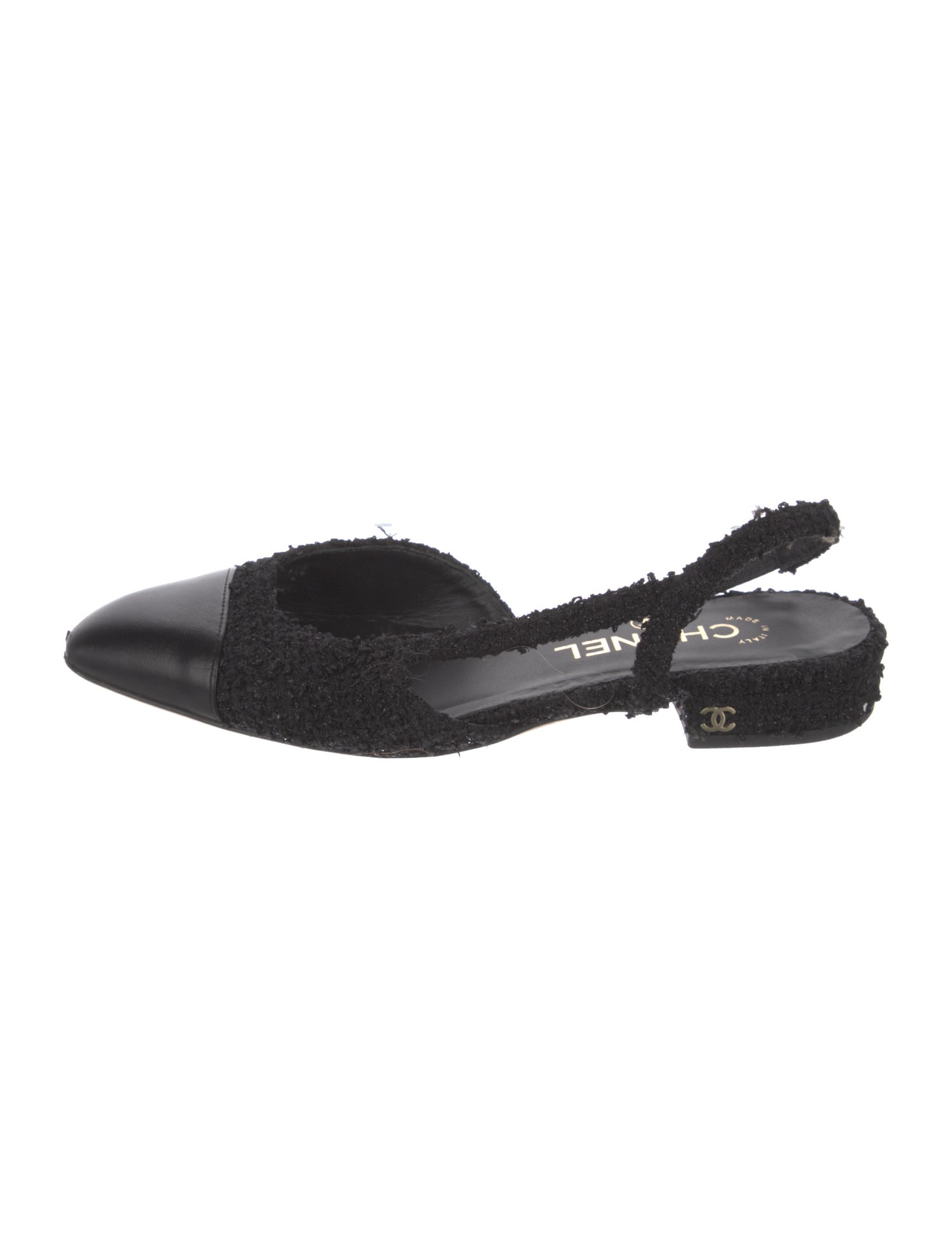 Chanel Interlocking CC Logo Tweed Slingback Flats - Black Flats, Shoes