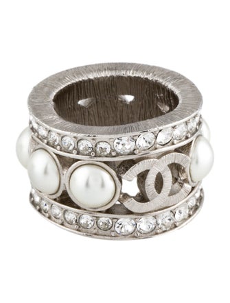 Chanel Faux Pearl & Strass CC Wide Band Ring