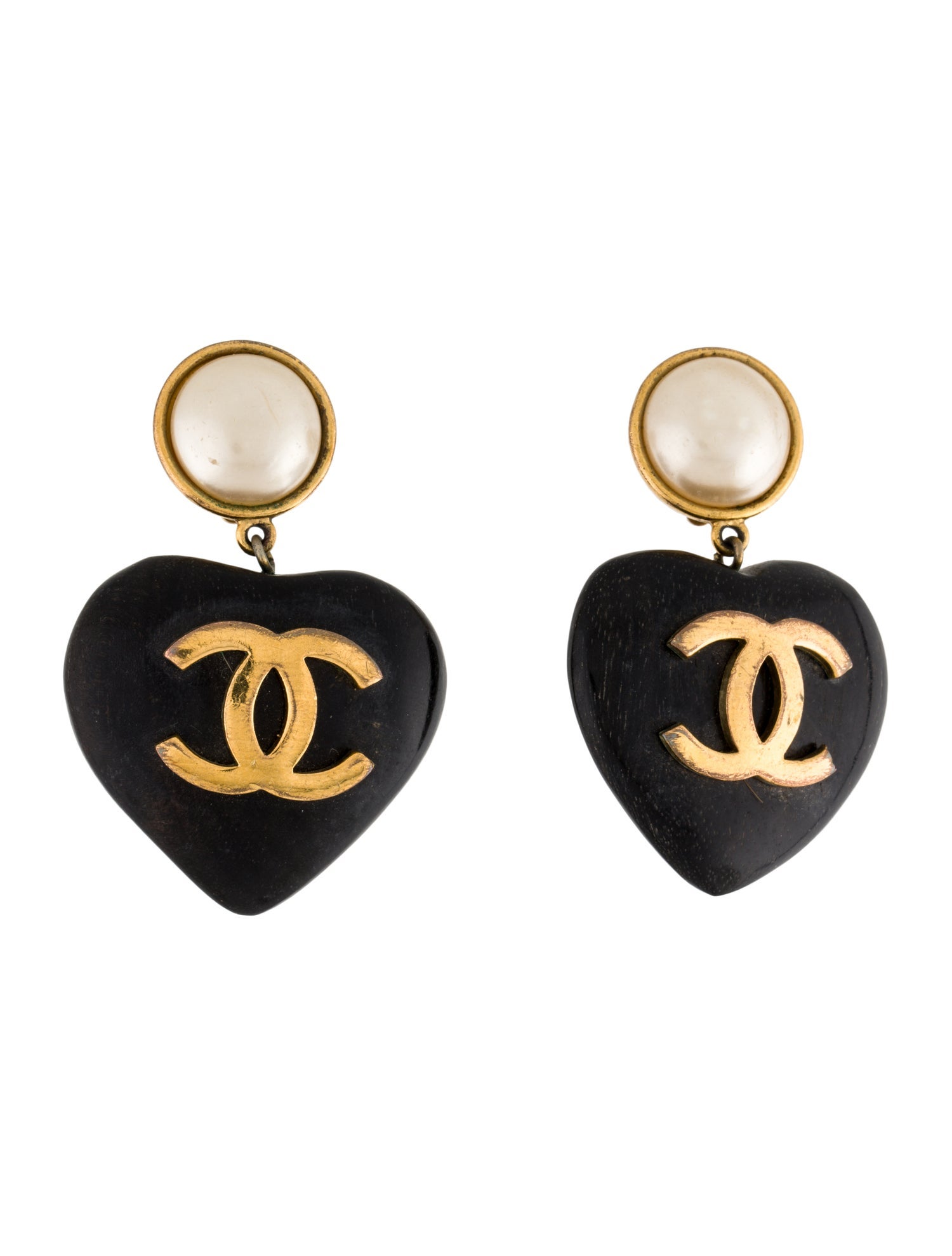 Chanel Vintage Wood & Faux Pearl Heart CC Drop Earrings