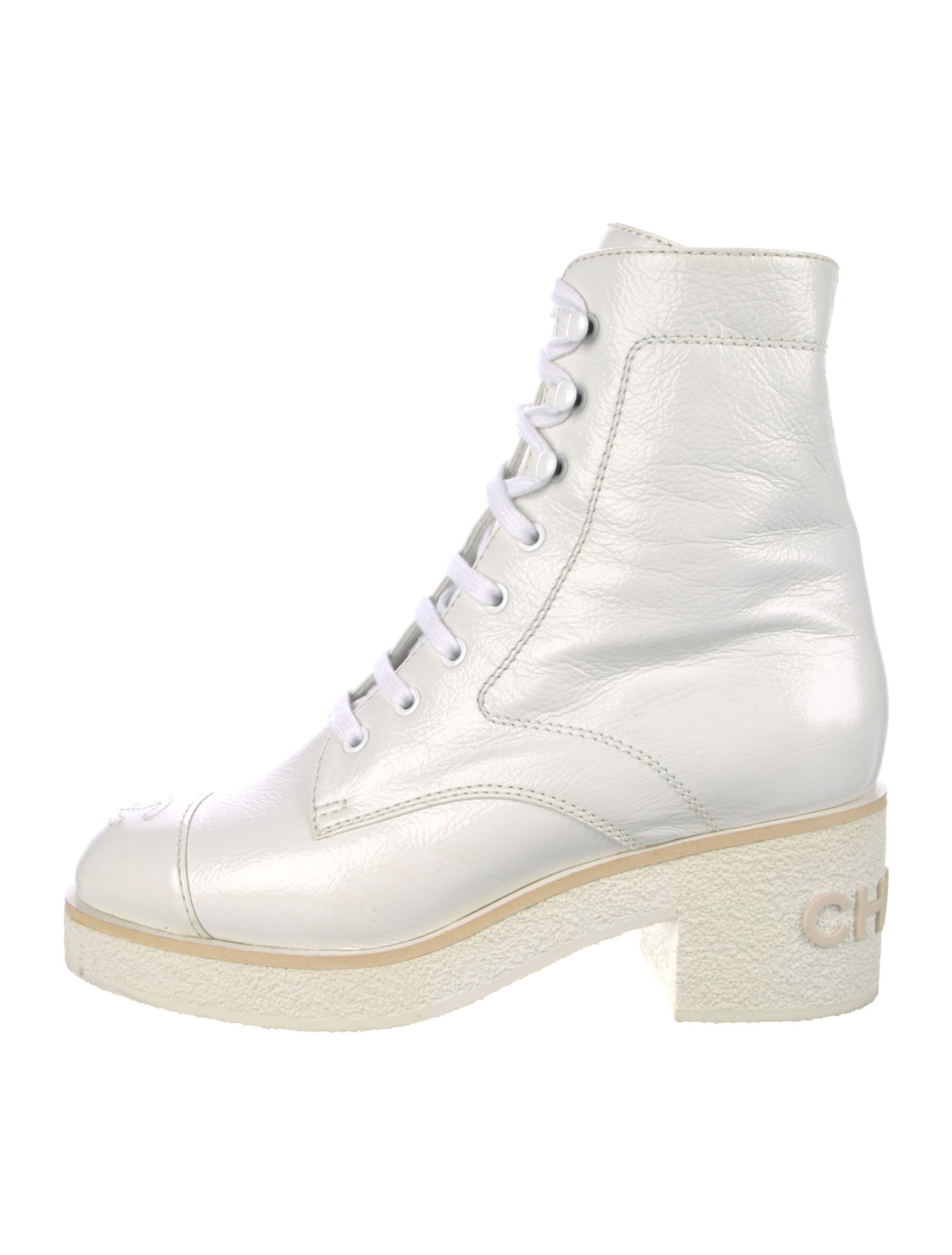 Chanel 2021 Interlocking CC Logo Combat Boots White Boots, Shoes