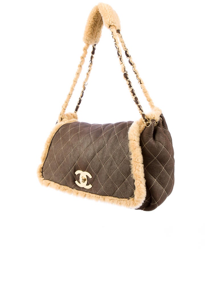 Chanel Brown and Grey 2000s Shearling Flap Bag · INTO