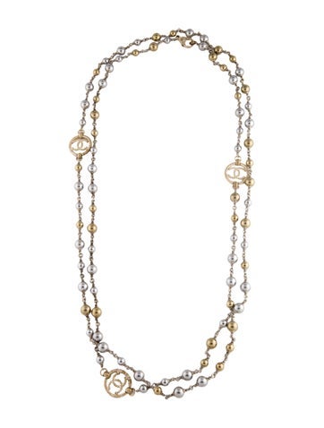 Chanel Bead Strand Two Tone CC Long Station Necklace