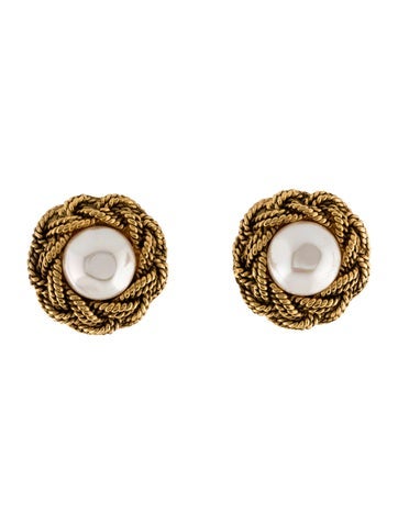 Chanel Clip-On Vintage Faux Pearl Braided Cip-On Earrings