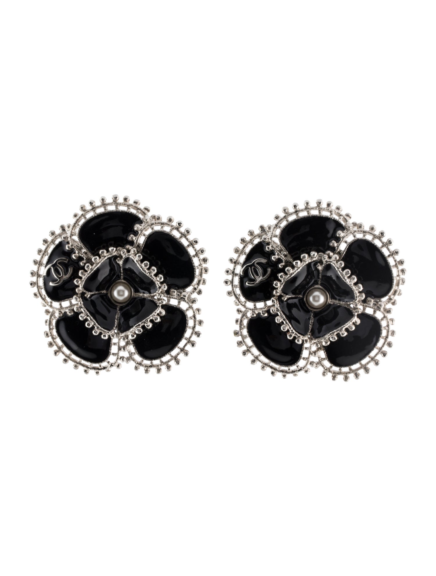 Chanel 2023 Faux Pearl & Enamel Camelia Clip-On Earrings