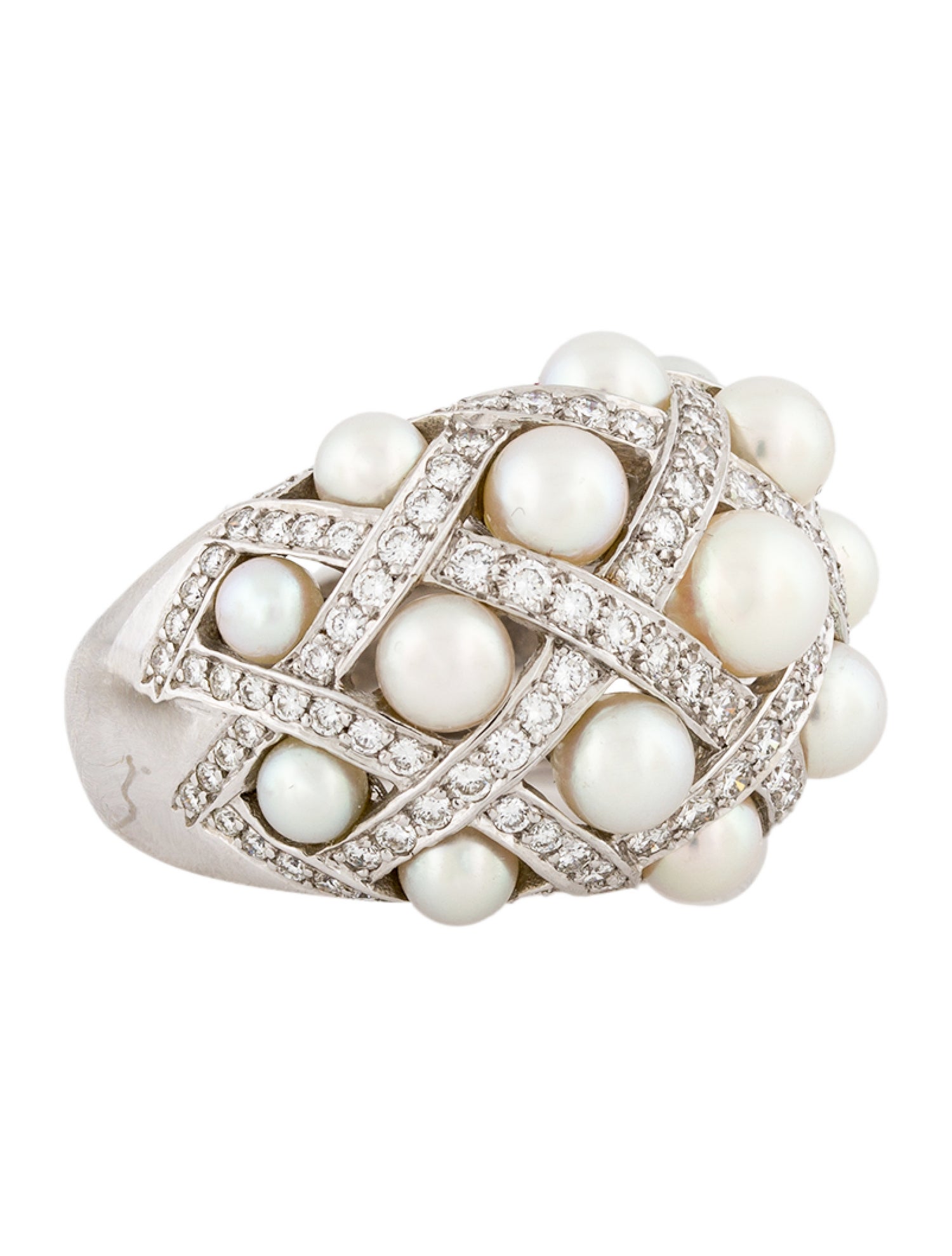 Chanel 18K Pearl & Diamond Matelasse Cocktail Ring