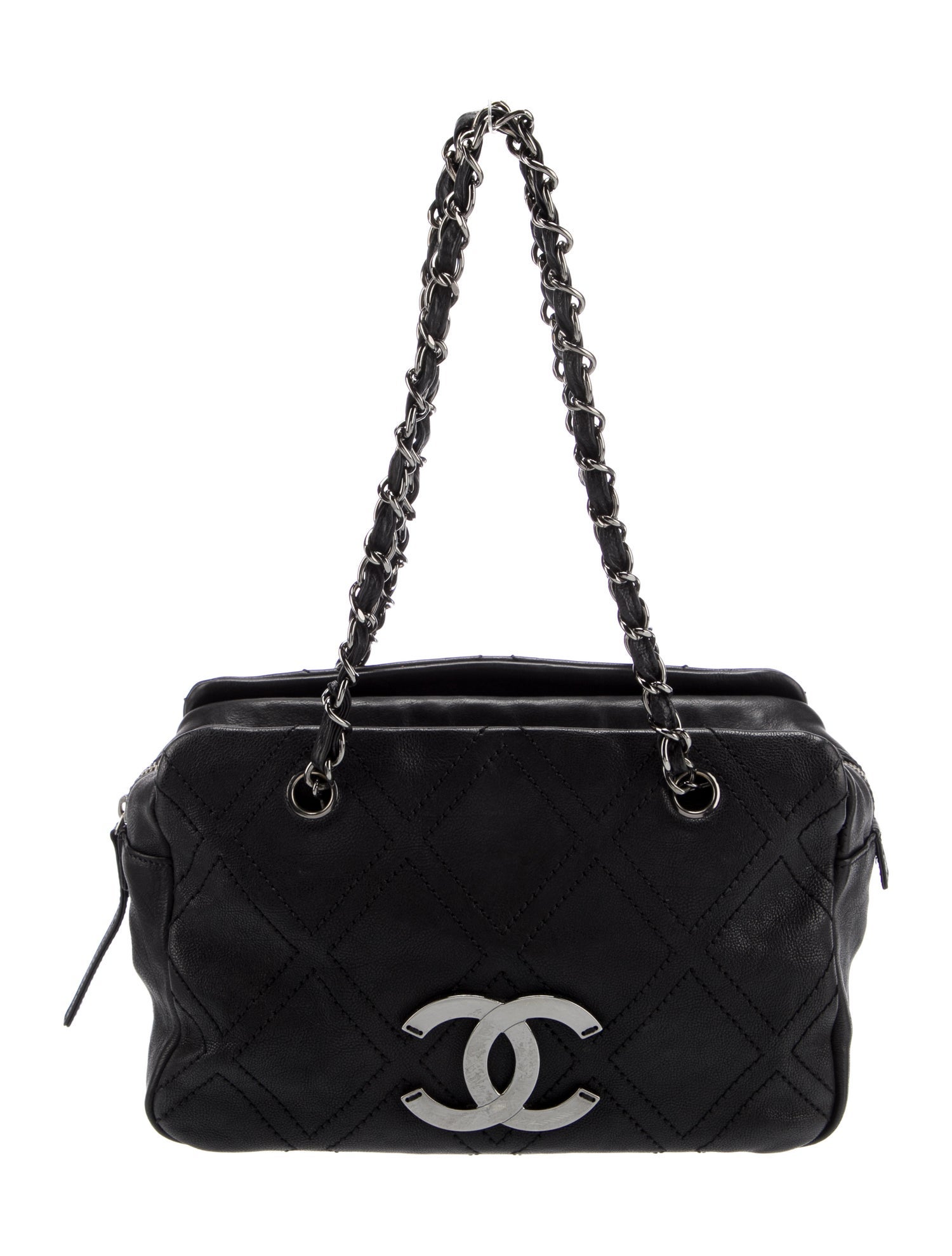 Chanel Calfskin Diamond Stitch Tote Bag - Black Handle Bags
