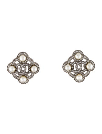 Chanel Faux Pearl & Strass CC Stud Earrings