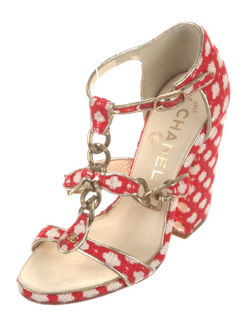 Chanel Interlocking CC Logo Tweed T-Strap Sandals