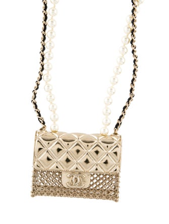 Chanel 2021 Faux Pearl & Leather Handbag Pendant Necklace