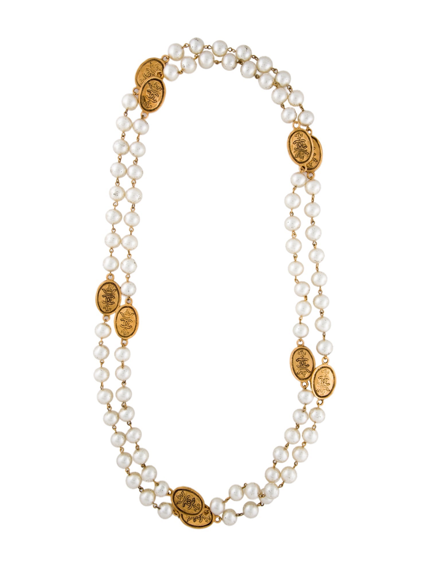 Chanel Vintage Faux Pearl & CC Crown Medallion Station Necklace