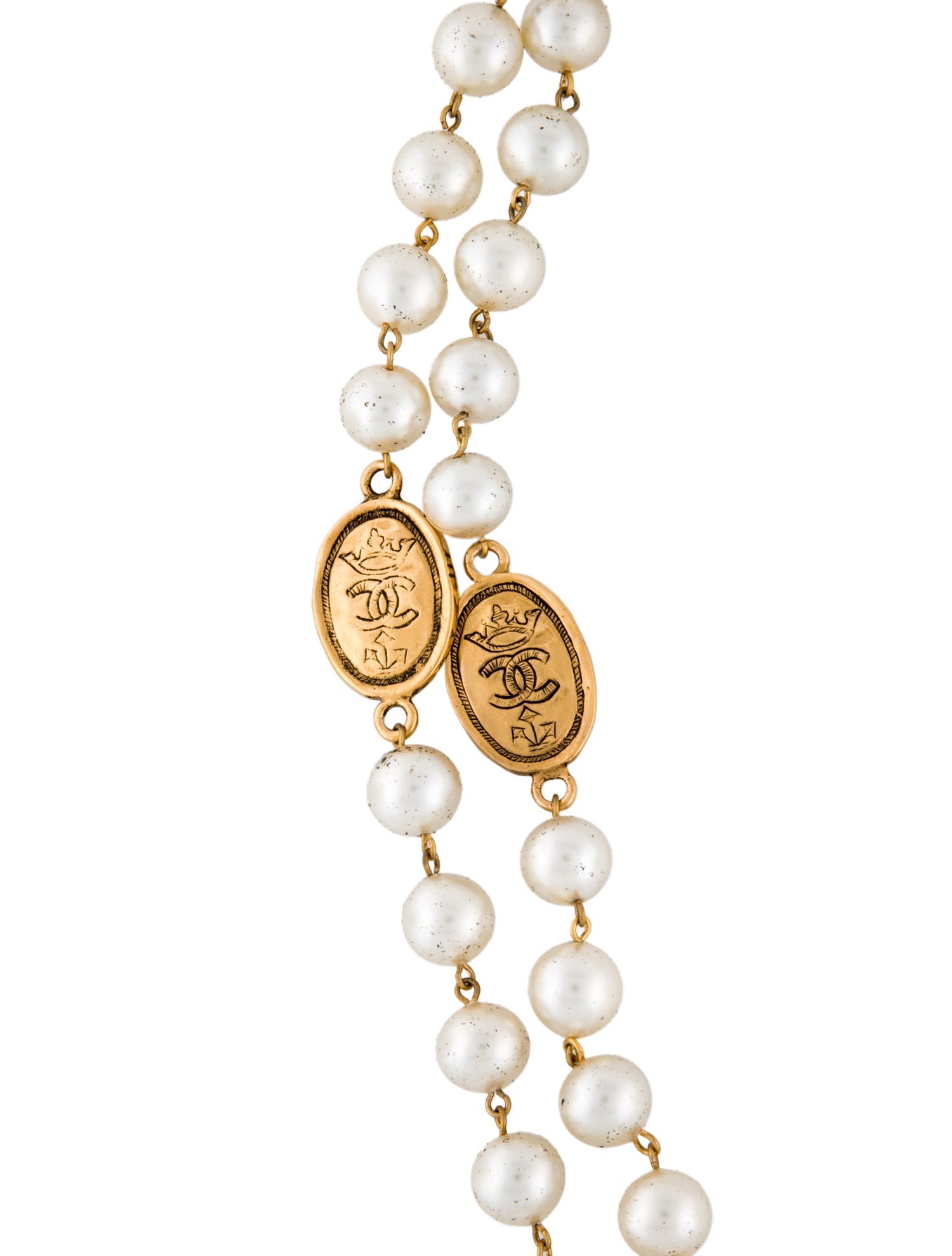 Chanel Vintage Faux Pearl & CC Crown Medallion Station Necklace