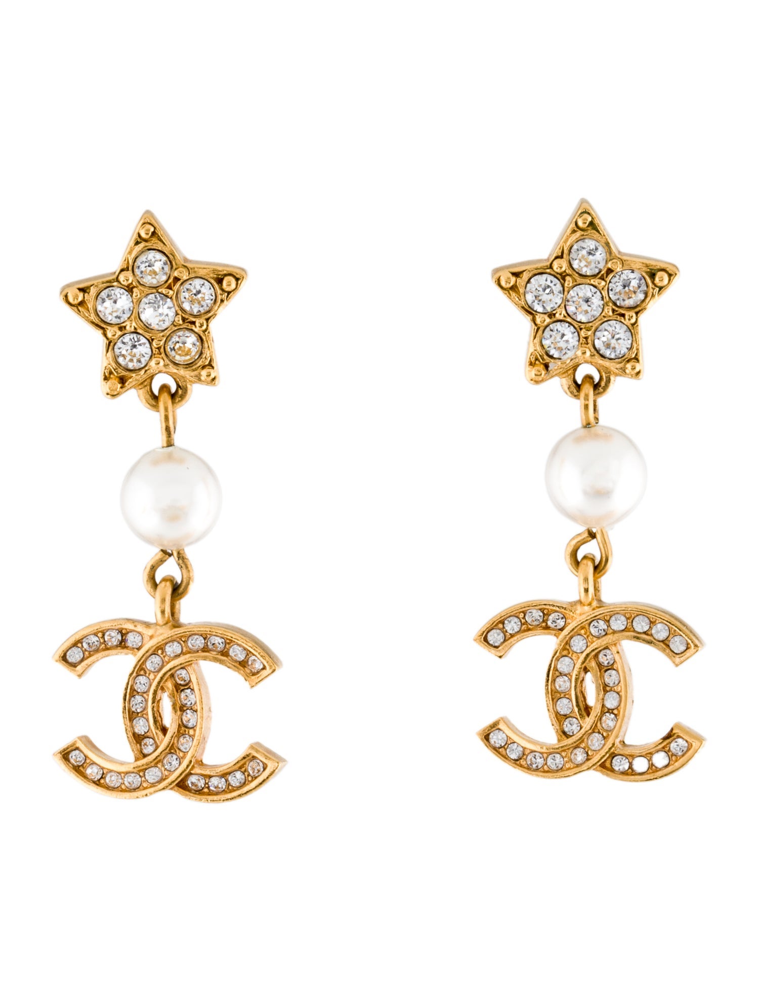 Chanel Faux Pearl & Strass CC Star Drop Earrings