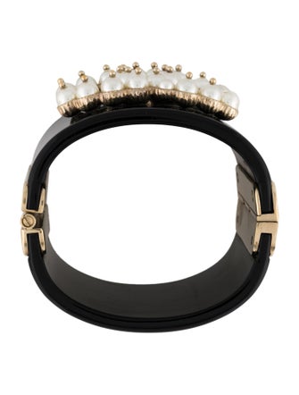 Chanel Faux Pearl & Resin CC Hinged Bangle Bracelet