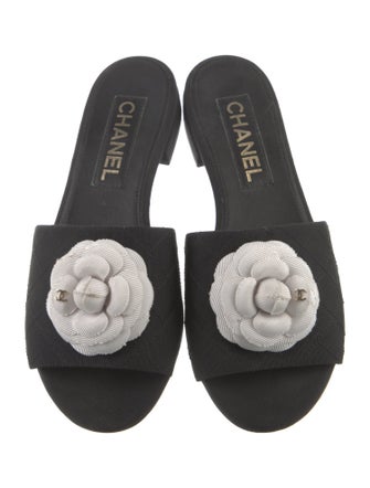 Chanel Black Canvas Open Toe Camellia Flower Sandals