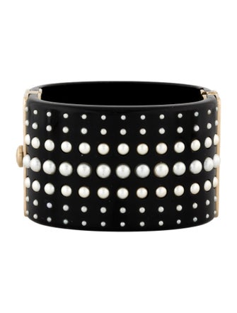 Chanel Resin & Faux Pearl CC Hinged Bangle Bracelet