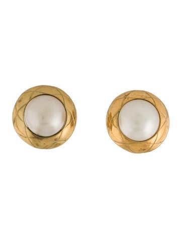 Chanel Drop Vintage Faux Pearl Quilted Clip-On Earrings