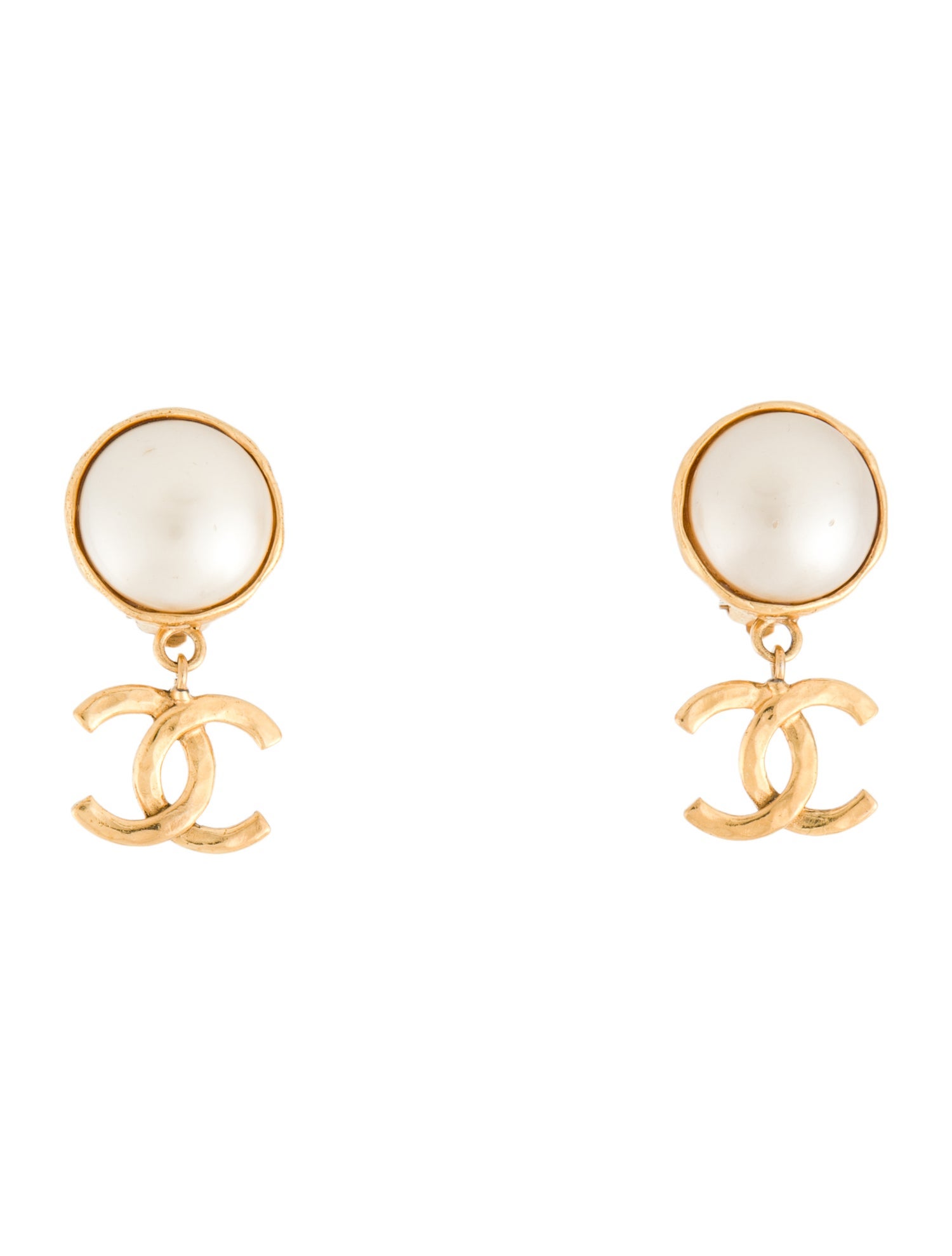 Chanel Vintage Faux Pearl CC Drop Clip-On Earrings