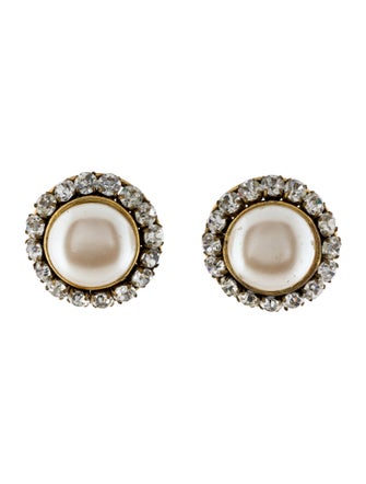 Chanel Vintage Faux Pearl & Strass Large Clip-On Earrings