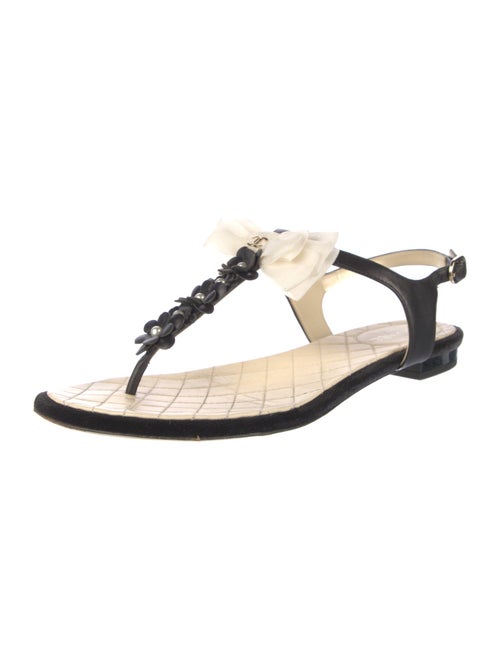 Chanel Faux Pearl Accents Leather T-Strap Sandals