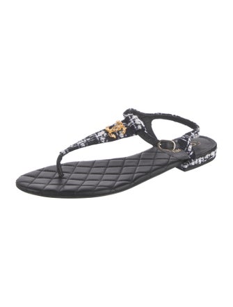 Chanel Interlocking CC Logo Tweed T-Strap Sandals