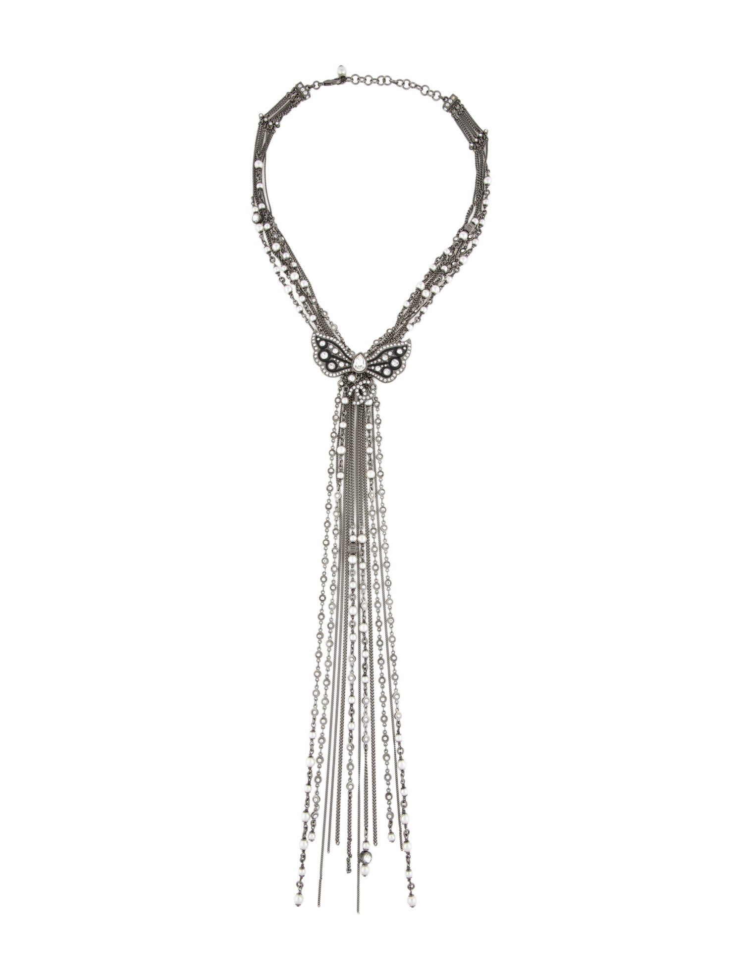 Chanel 2022 Strass & Faux Pearl Butterfly Multistrand Lariat Necklace