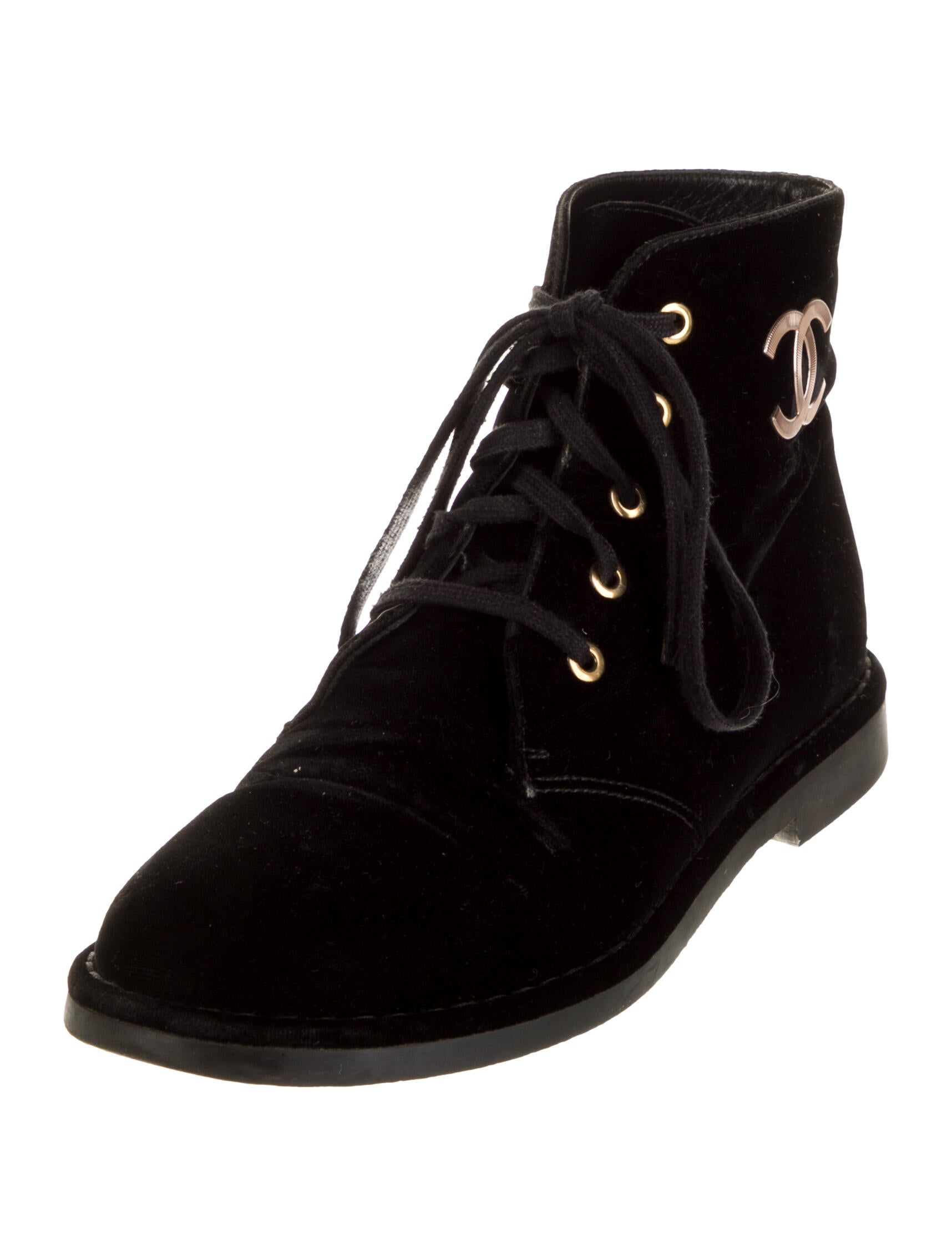 Chanel Interlocking CC Logo Velvet Combat Boots
