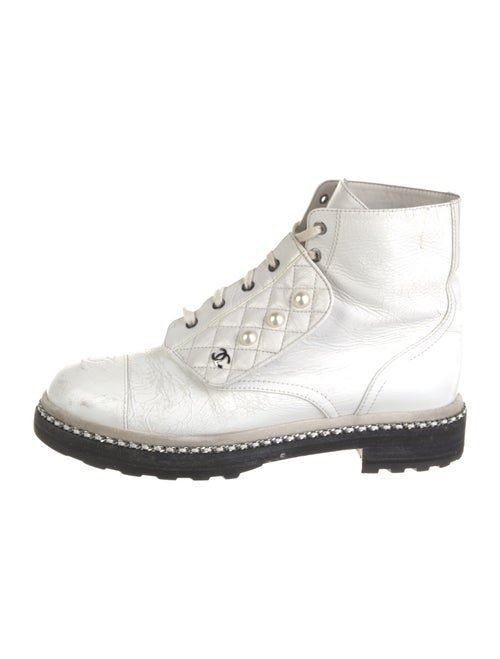 Chanel Crackled Combat Faux Pearl Accents Combat Boots