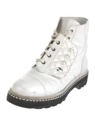 Chanel Crackled Combat Faux Pearl Accents Combat Boots