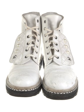 Chanel Crackled Combat Faux Pearl Accents Combat Boots