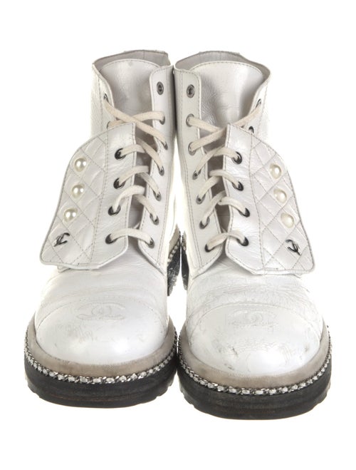 Chanel Crackled Combat Faux Pearl Accents Combat Boots