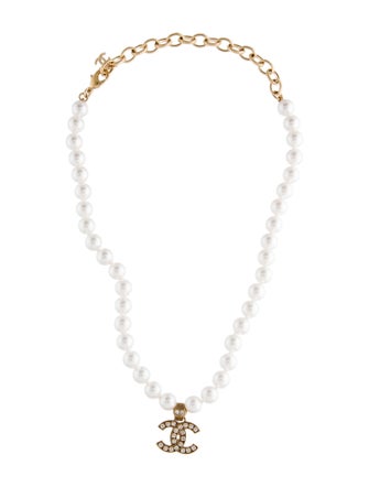 Chanel Faux Pearl & Strass CC Pendant Necklace
