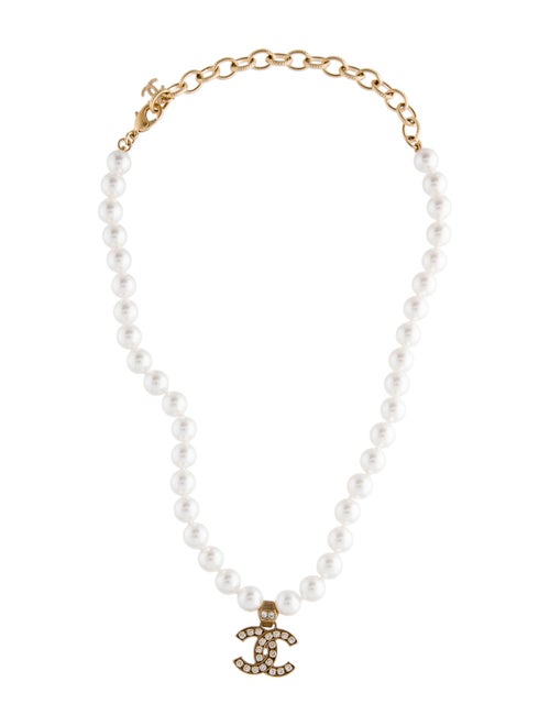 Chanel Faux Pearl & Strass CC Pendant Necklace
