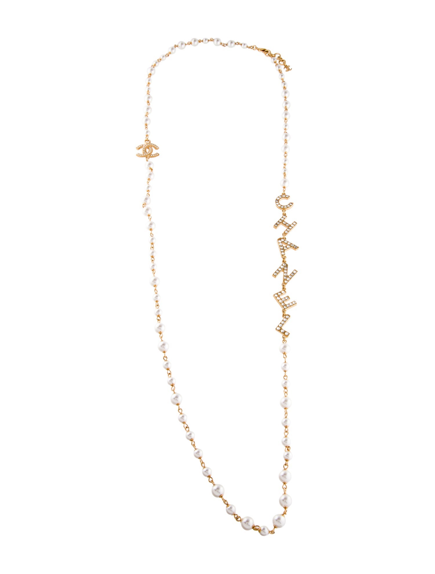 Chanel Faux Pearl & Strass 'CHANEL' Station Necklace