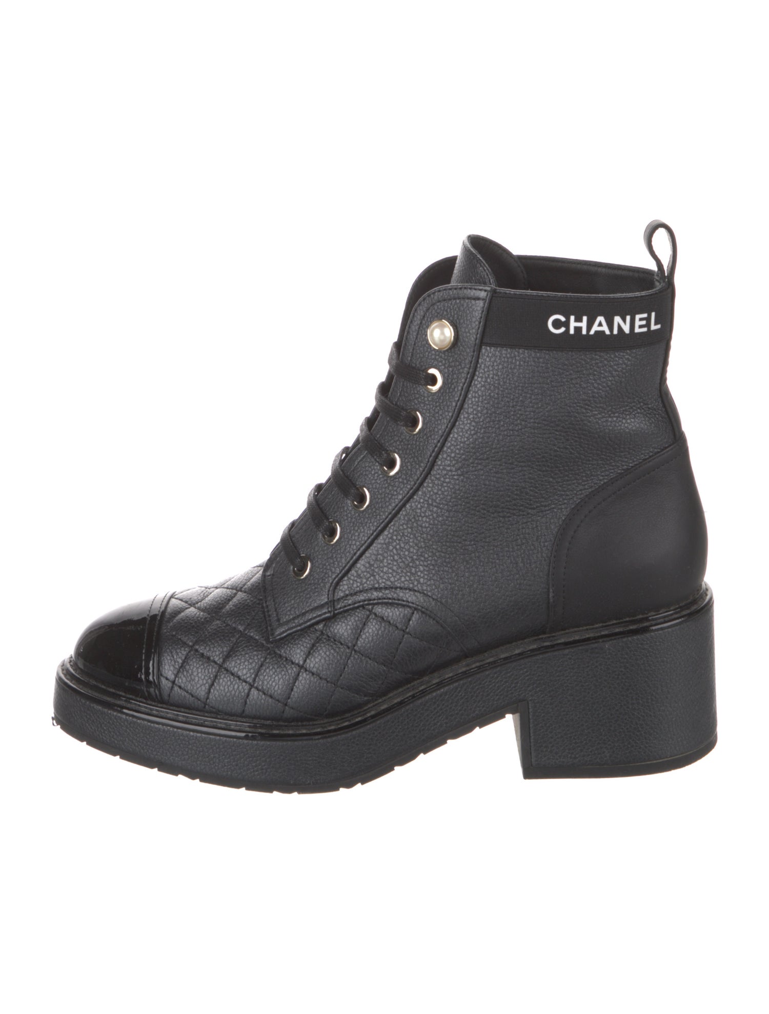 Chanel Faux Pearl Accents Leather Combat Boots