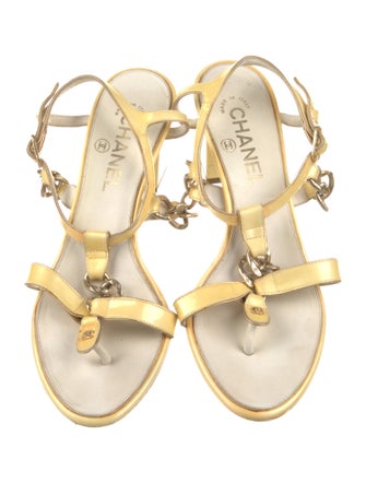 Chanel Interlocking CC Logo Patent Leather T-Strap Sandals
