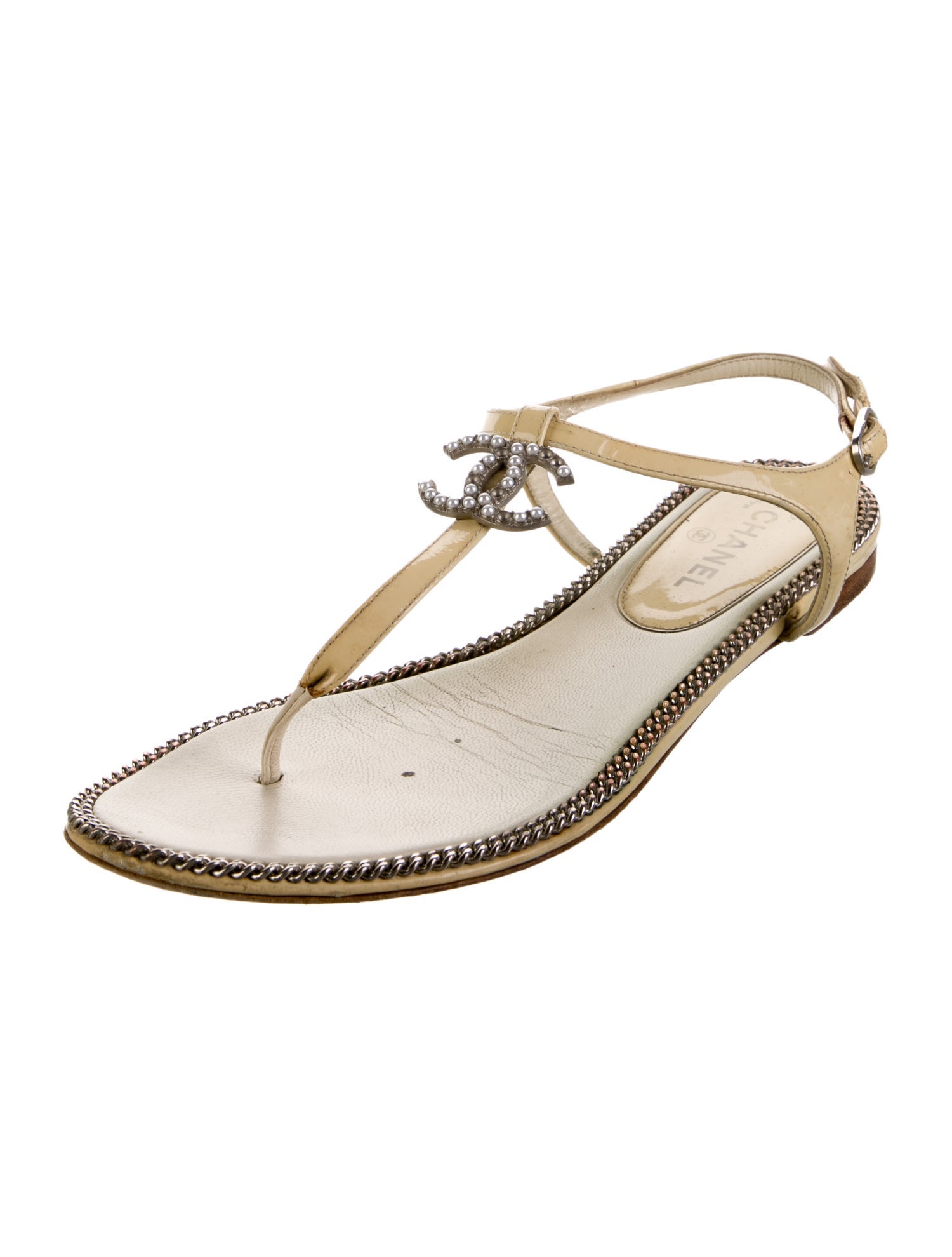 Chanel Interlocking CC Logo Patent Leather T-Strap Sandals