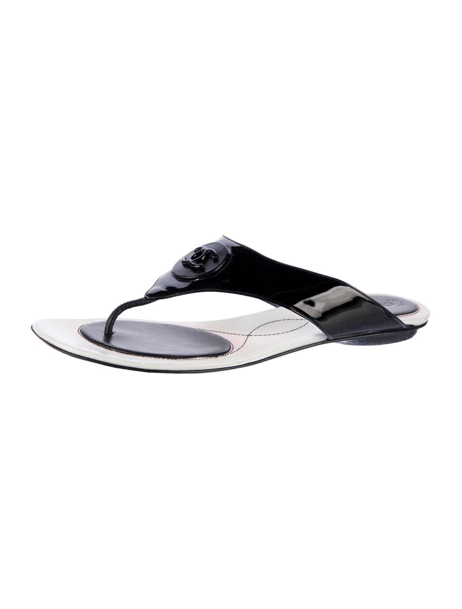 Chanel Interlocking CC Logo Patent Leather Flip Flops