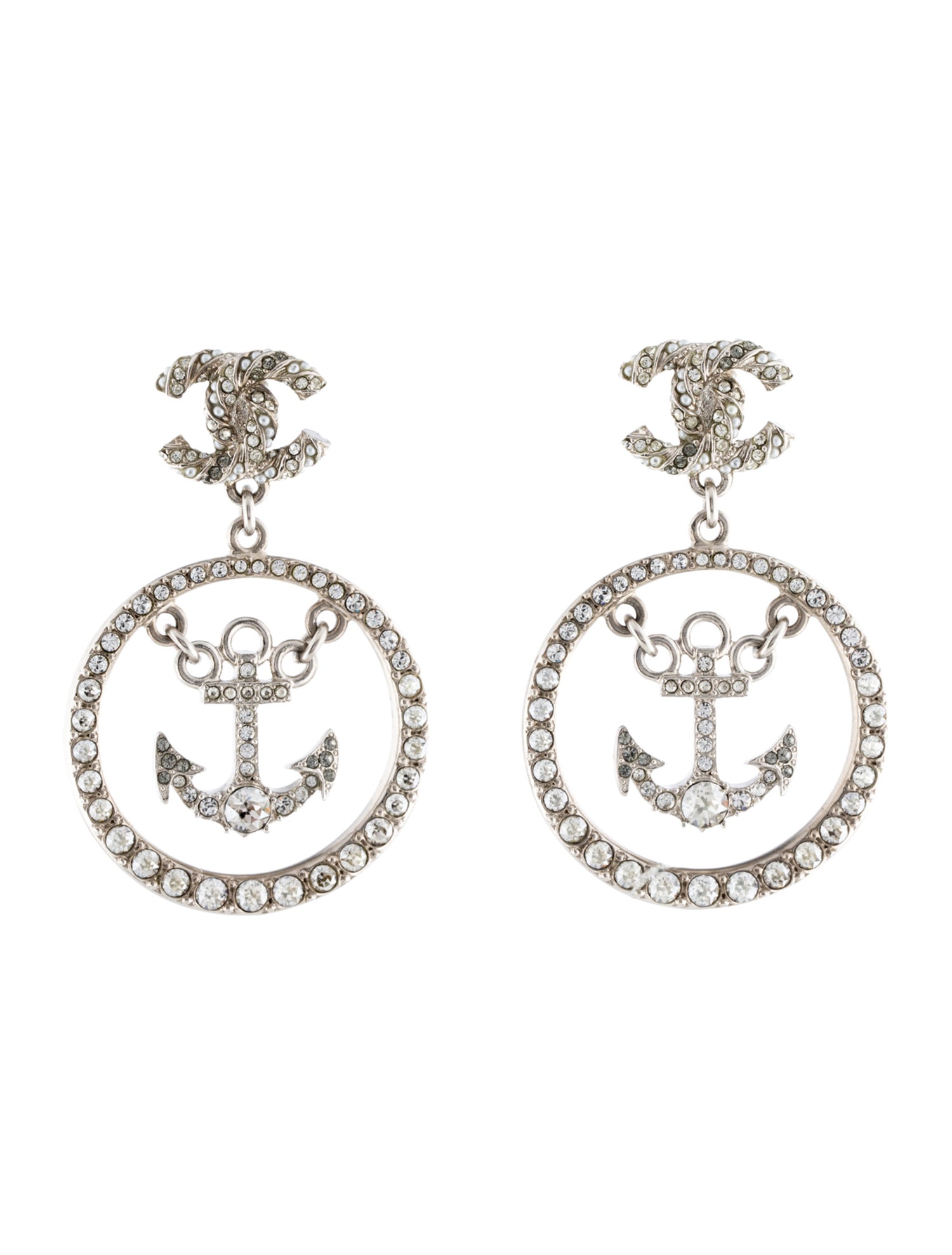 Chanel Faux Pearl & Strass CC Anchor Drop Earrings