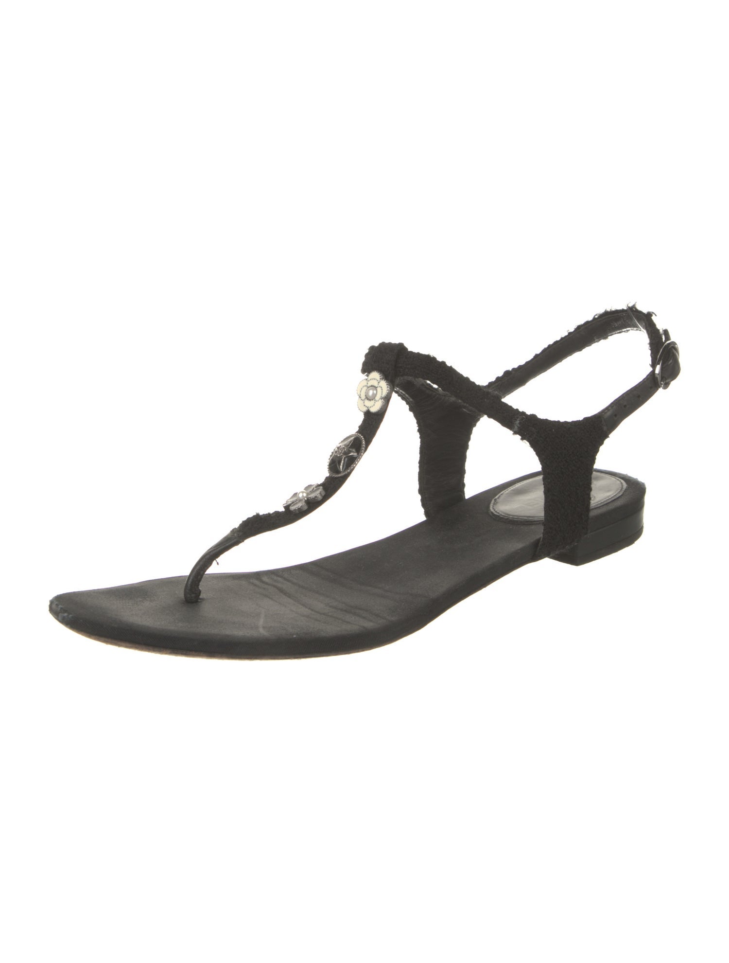 Chanel Interlocking CC Logo Tweed T-Strap Sandals