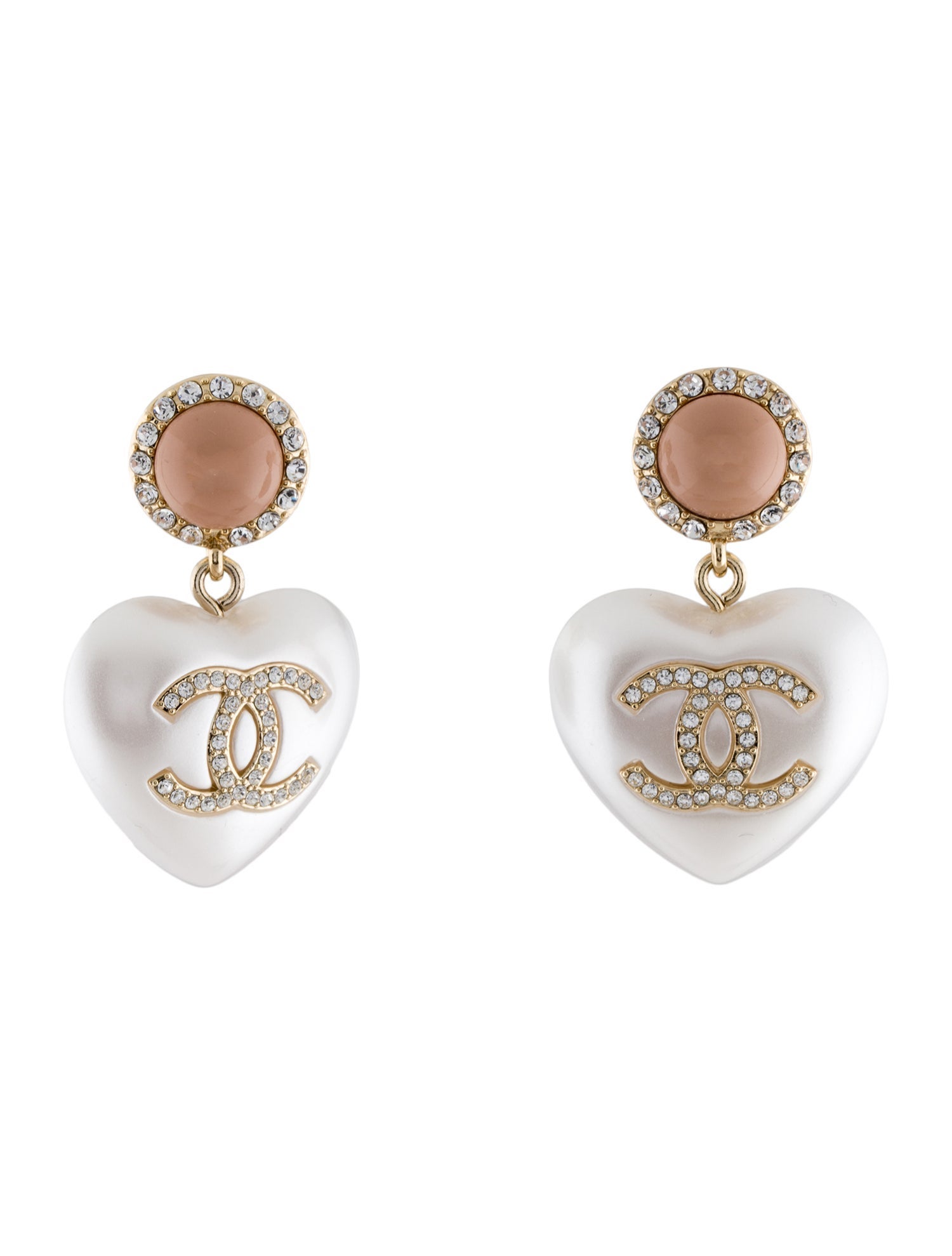 Chanel 2021 Faux Pearl & Strass CC Heart Drop Earrings