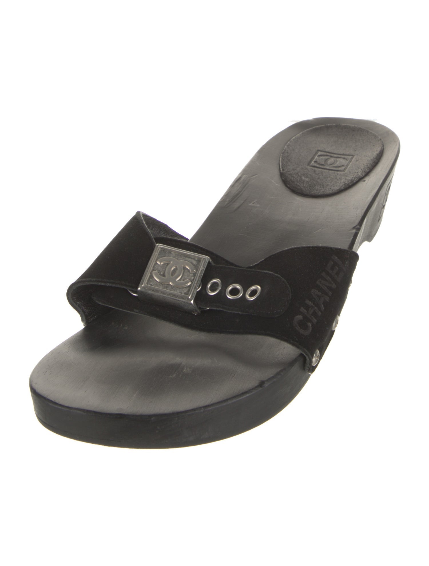 Chanel Interlocking CC Logo Suede Slides