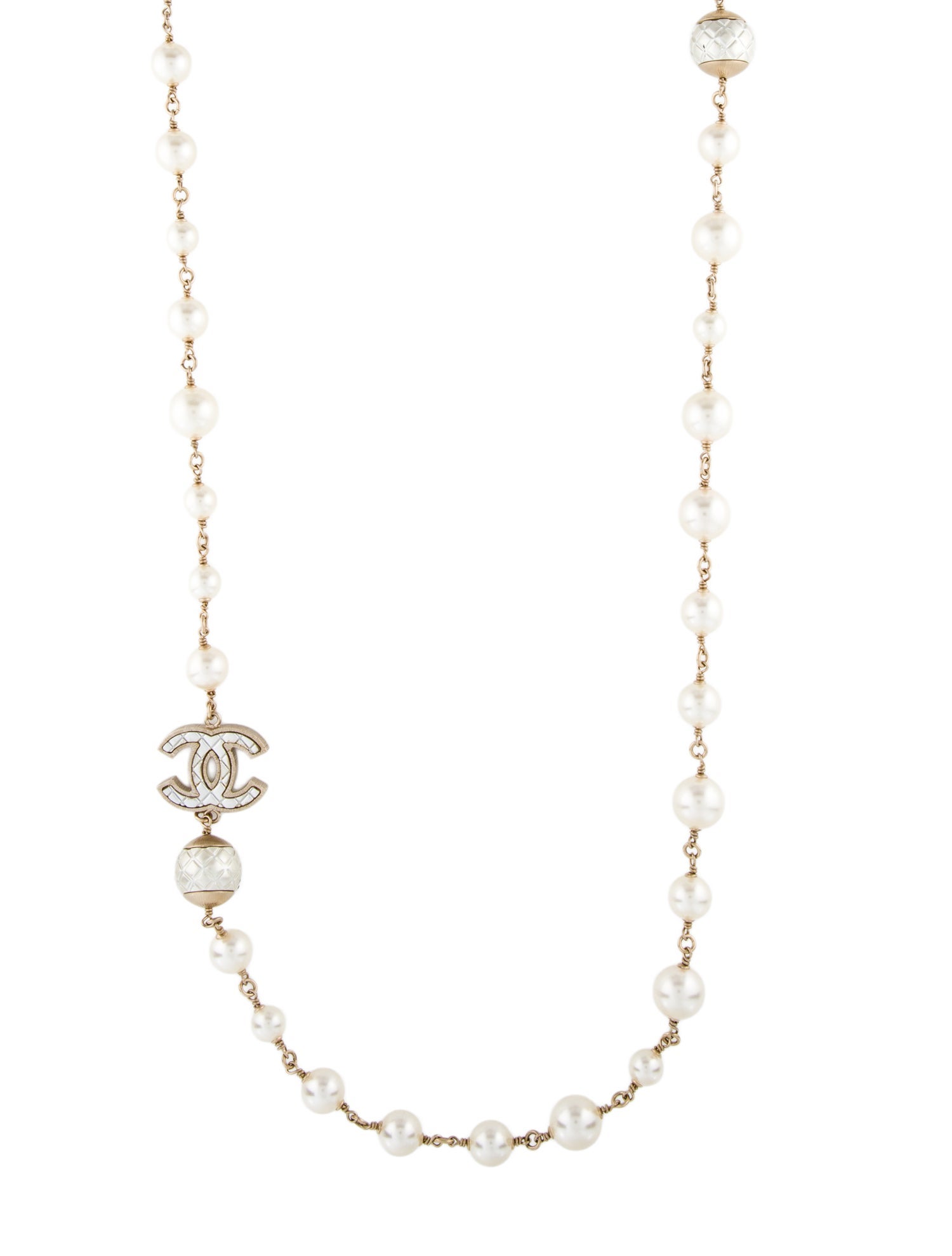 Chanel Faux Pearl & Resin Quilted CC Station Necklace