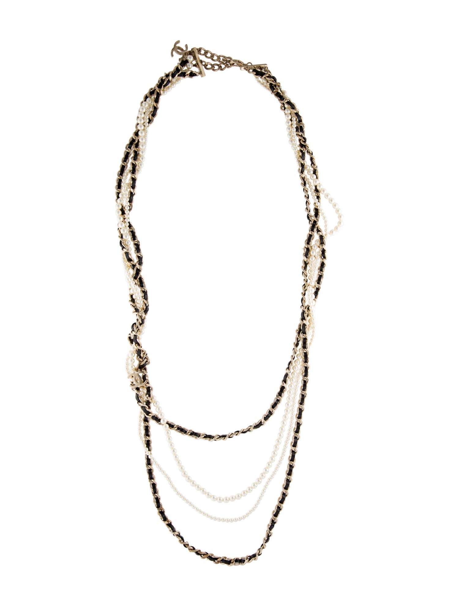 Chanel Faux Pearl & Leather CC Multistrand Necklace
