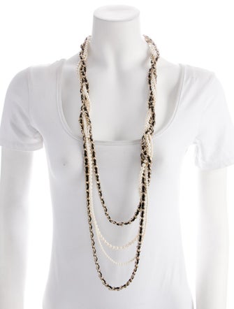Chanel Faux Pearl & Leather CC Multistrand Necklace