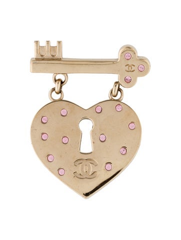 Chanel Pin Vintage Strass Heart Lock & Key CC Brooch