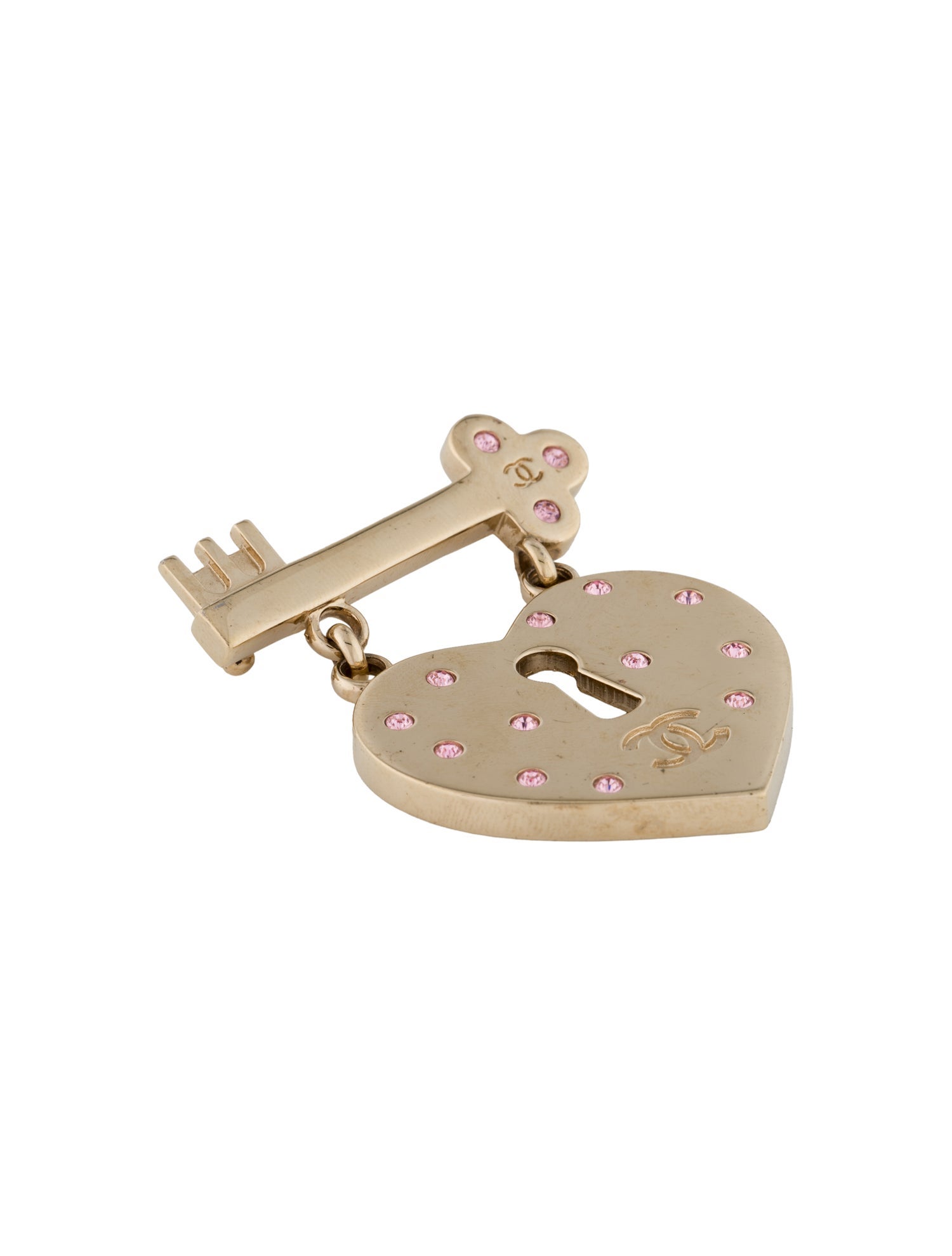 Chanel Vintage Strass Heart Lock & Key CC Brooch