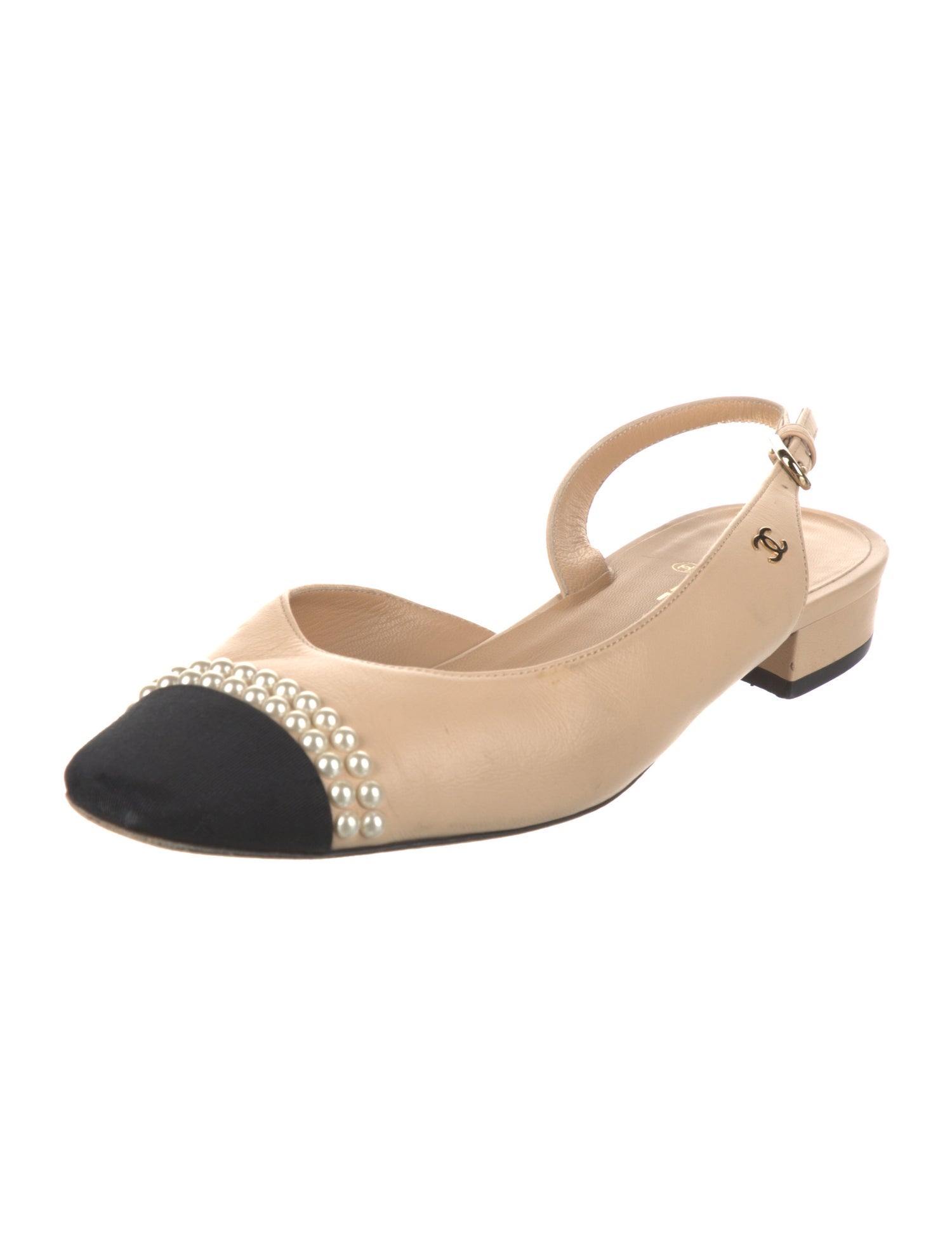 Chanel Interlocking CC Logo Leather Slingback Flats