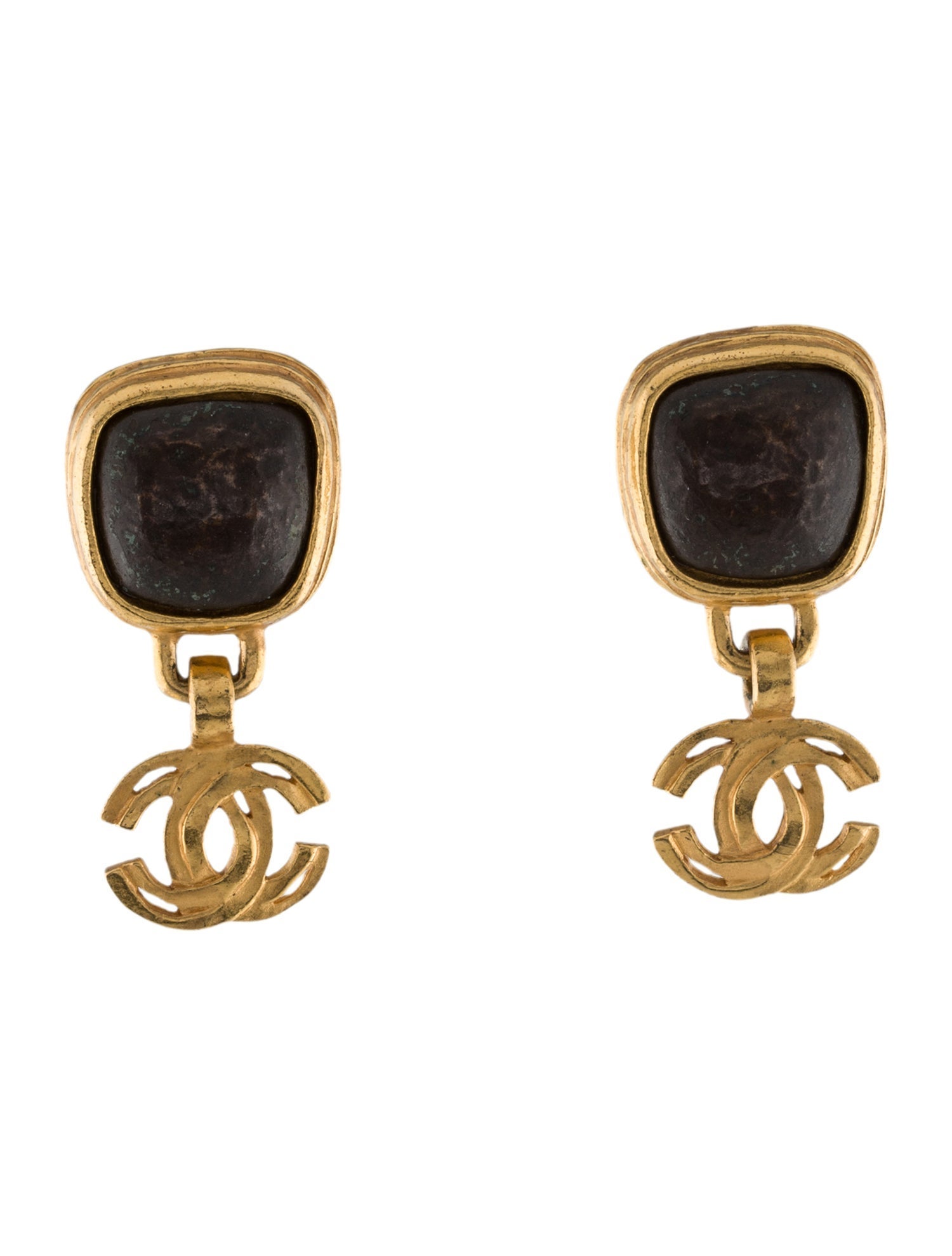 Chanel Vintage Hammered CC Logo Clip-On Drop Earrings