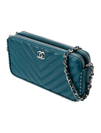 Chanel Chevron Studded Double Zip Clutch w/ Chain