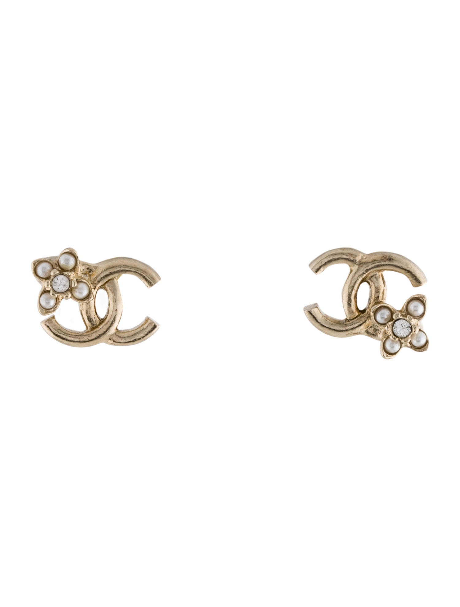 Chanel 2023 Faux Pearl & Strass Flower Mini CC Stud Earrings